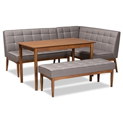 Baxton Studio Sanford Mid-Century Modern Grey Fabric Upholstered and Walnut Brown Finished Wood 4-Piece Dining Nook Set